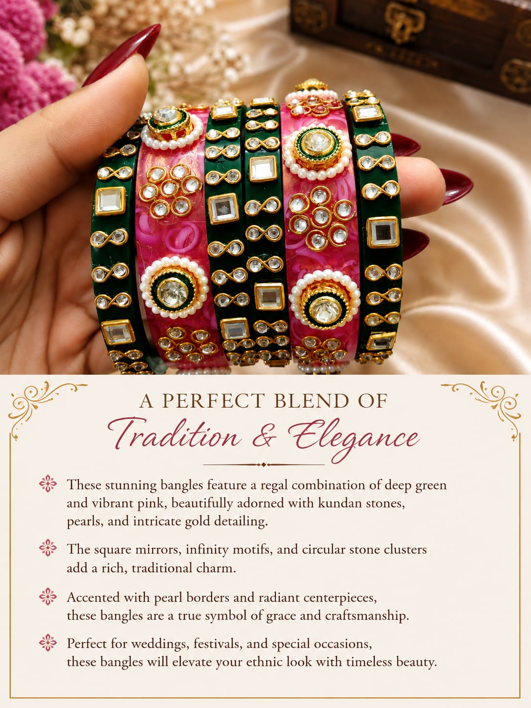 Green and pink bangle stack with kundan stones, square mirrors and pearl borders
