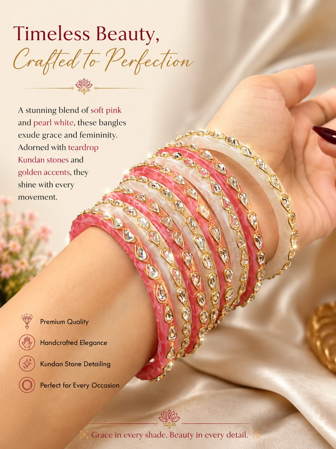 Soft pink and pearl-white bangle stack with teardrop kundan stones and golden accents