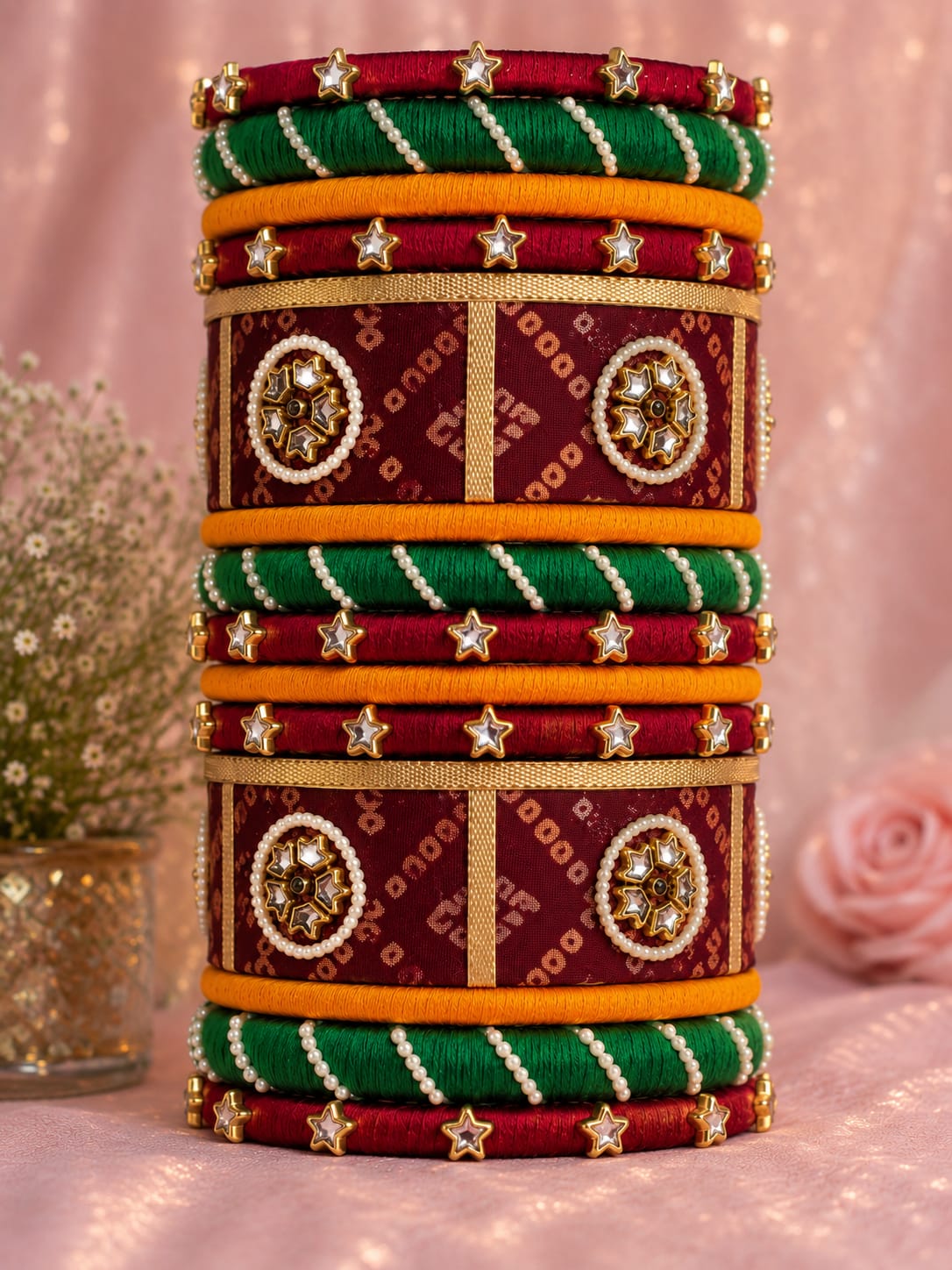 A royal Gujarati bridal bangle stack in maroon, emerald green and saffron with kundan medallions and pearls