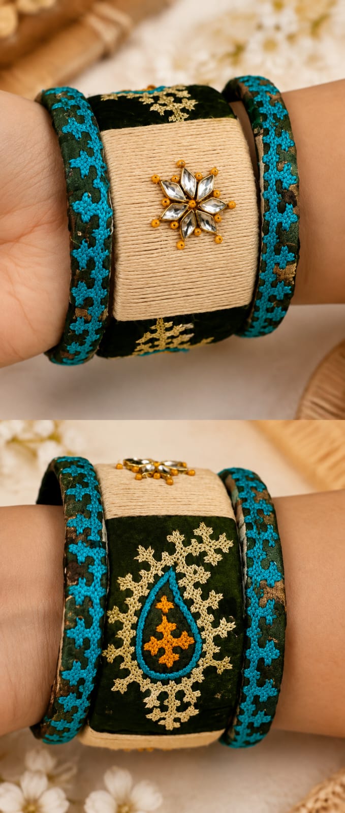 Hand-embroidered Kutchi Bharat bangles — deep green velvet with turquoise floral embroidery, gold threadwork and a kundan centre motif